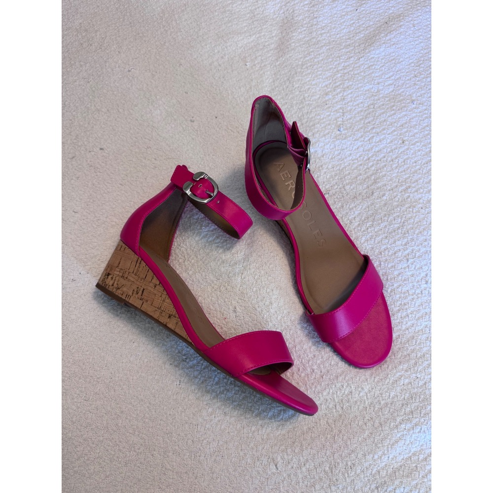 Aerosoles Pink Leather Cork Wedge Ankle Strap Sandals Womens 8.5